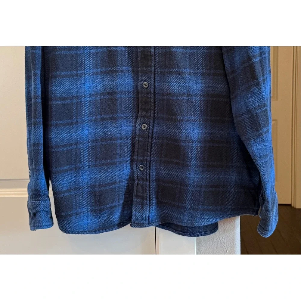 Orvis Mens XL Blue Black Plaid Flannel Shirt Jacket Heavyweight Cotton Shacket